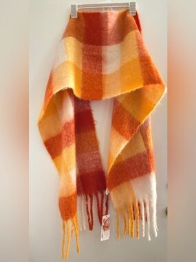 Wander Agio  Orange Yellow Cream Plaid Fringe Scarf- Large